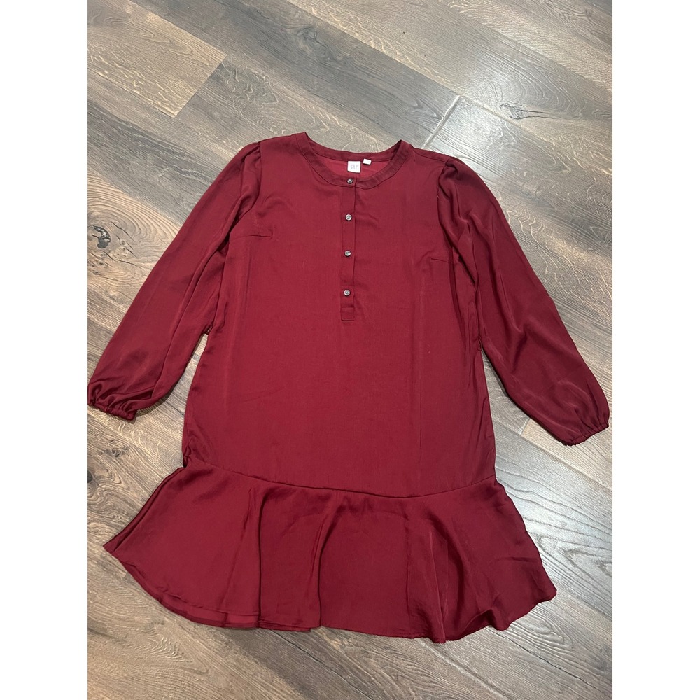 GAP Burgundy Long Sleeve Button Neck Tiered Ruffle Hem Dress Size‎ S